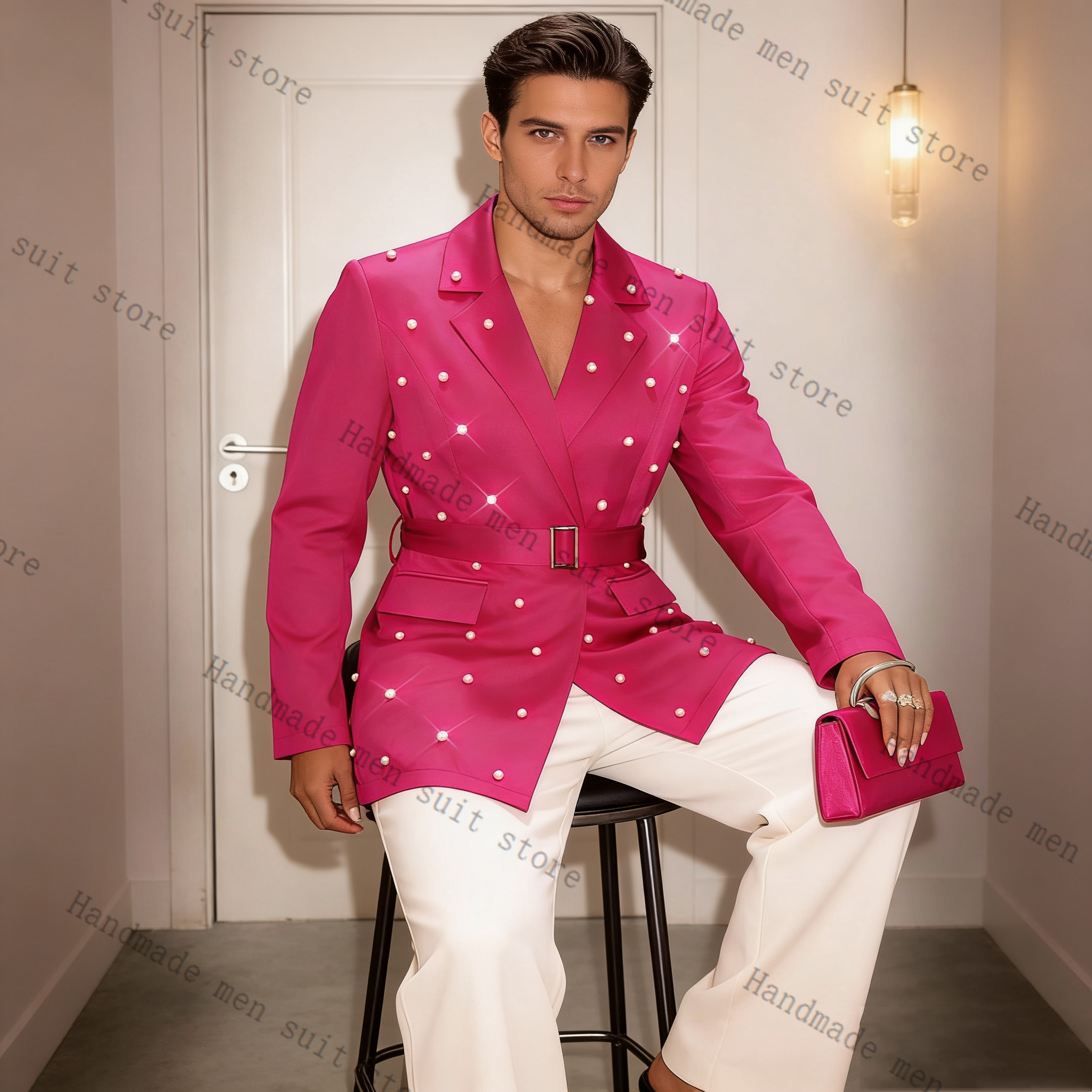 Men Formal Wear With Coat - Pearls Pink Men Suit Set 2