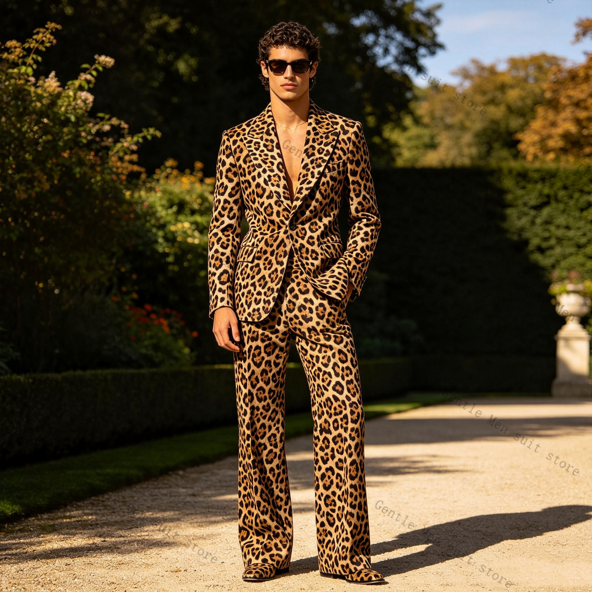 Men Formal Wear With Coat - Brown Leopard Print Men Suit Set