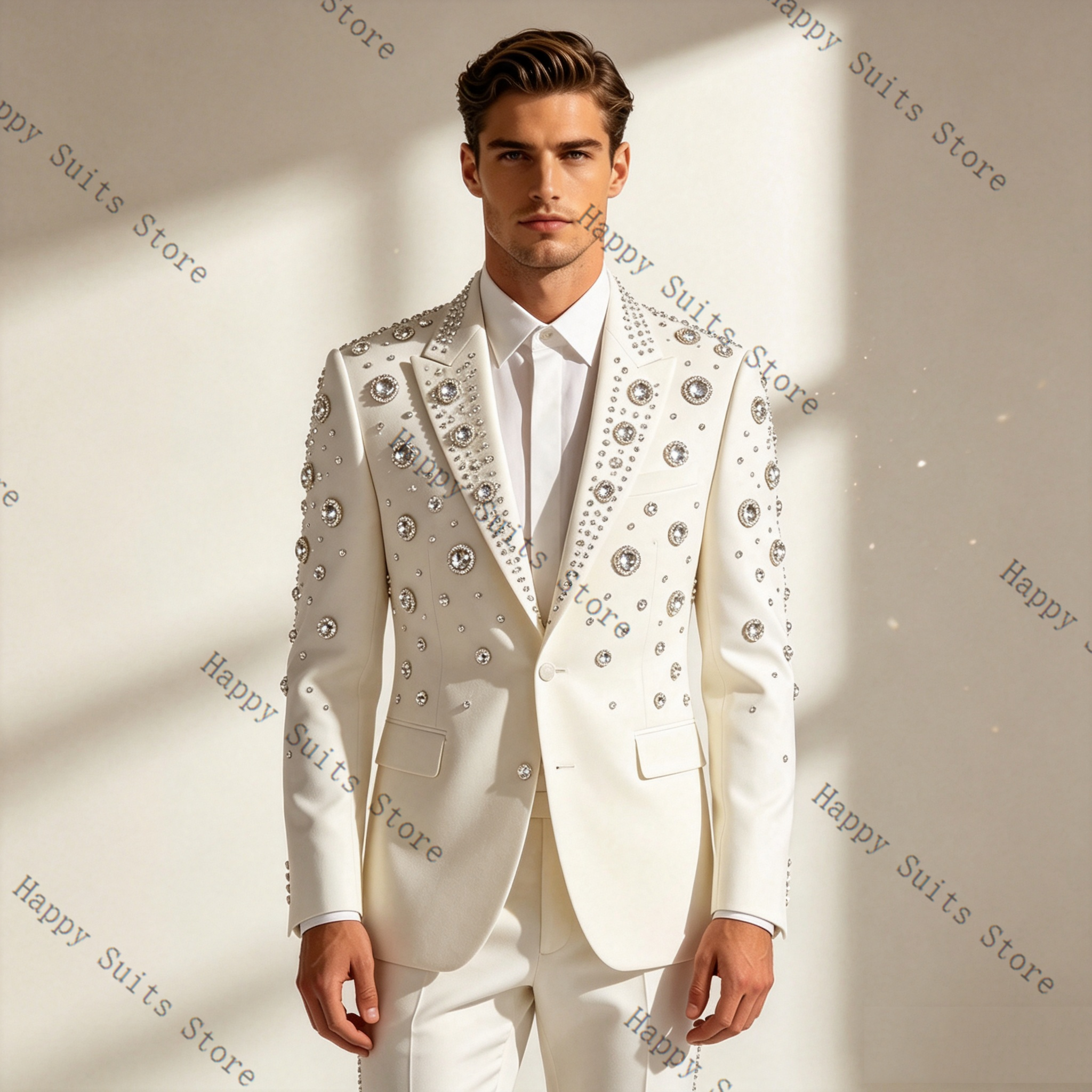Men Formal Wear With Coat - Crystals White Men Suit Set 2