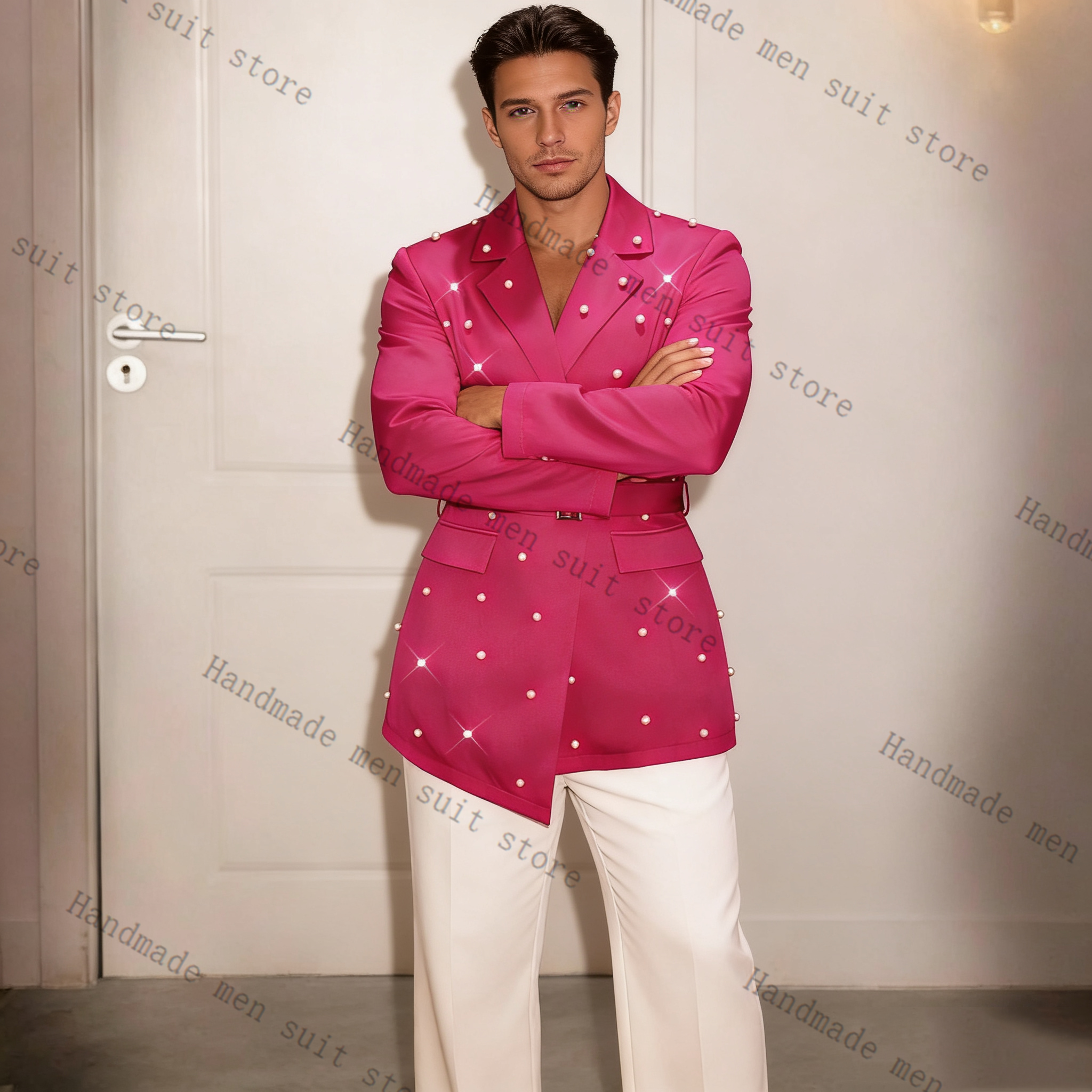 Pearls Pink Men Suit Set 2 Pie - Men Formal Wear With Coat 리뷰 및 가격