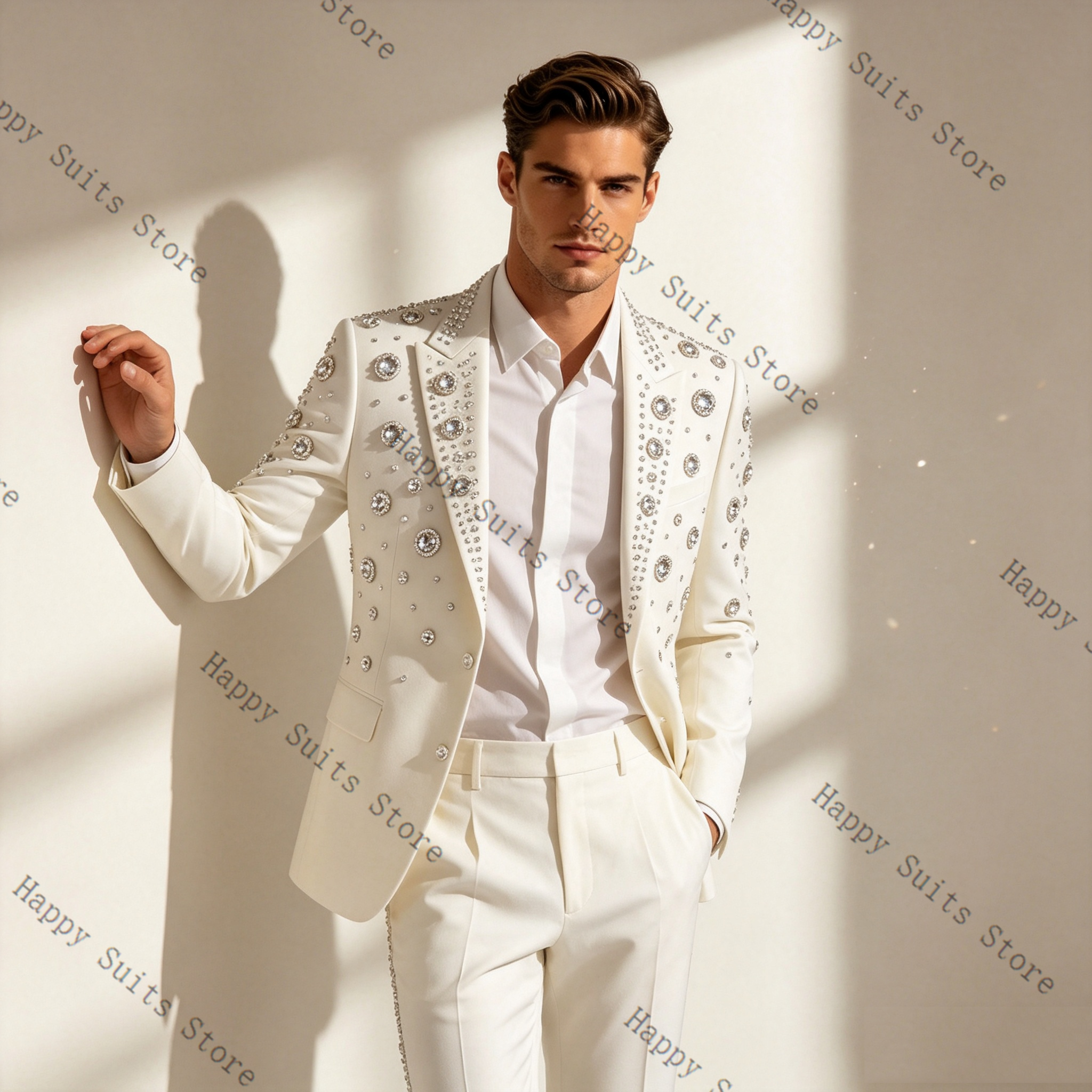 Crystals White Men Suit Set 2  - Men Formal Wear With Coat 리뷰 및 가격
