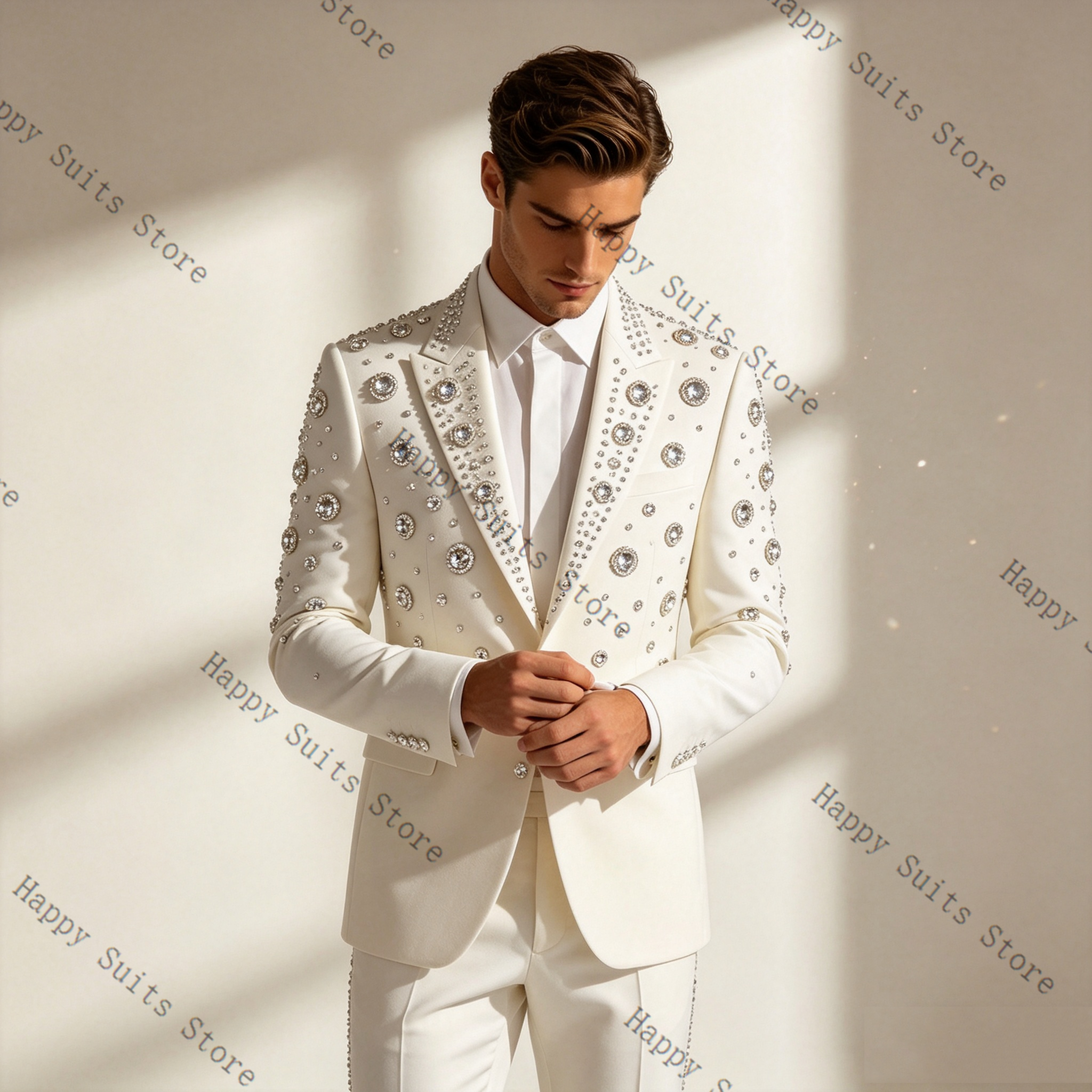 Crystals White Men Suit Set 2  - Men Formal Wear With Coat 리뷰 및 가격
