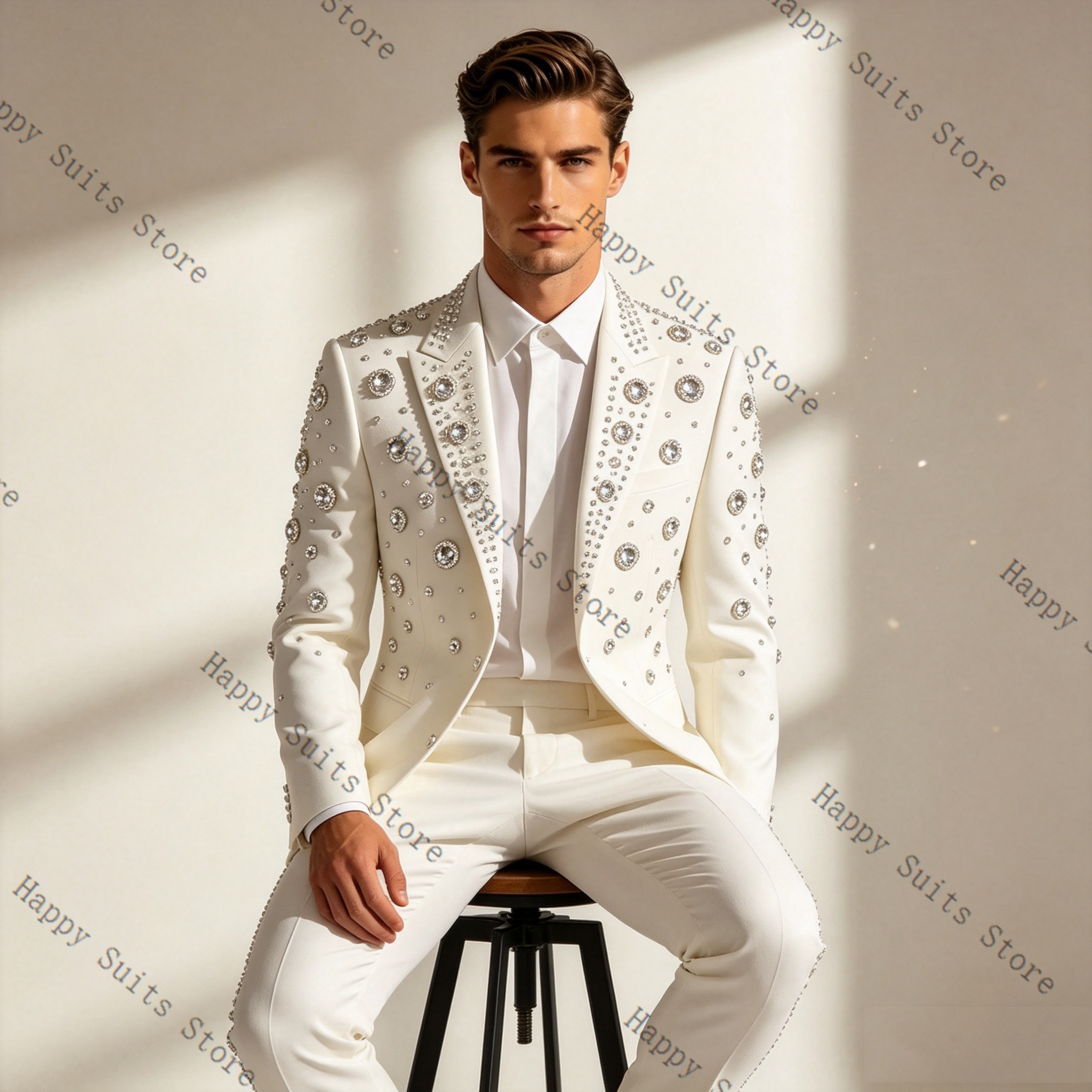 Crystals White Men Suit Set 2  - Men Formal Wear With Coat 리뷰 및 가격